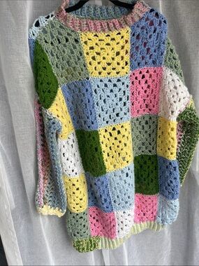 Pastel Granny Square Patchwork Crochet Sweater - Multicolor L-XXL